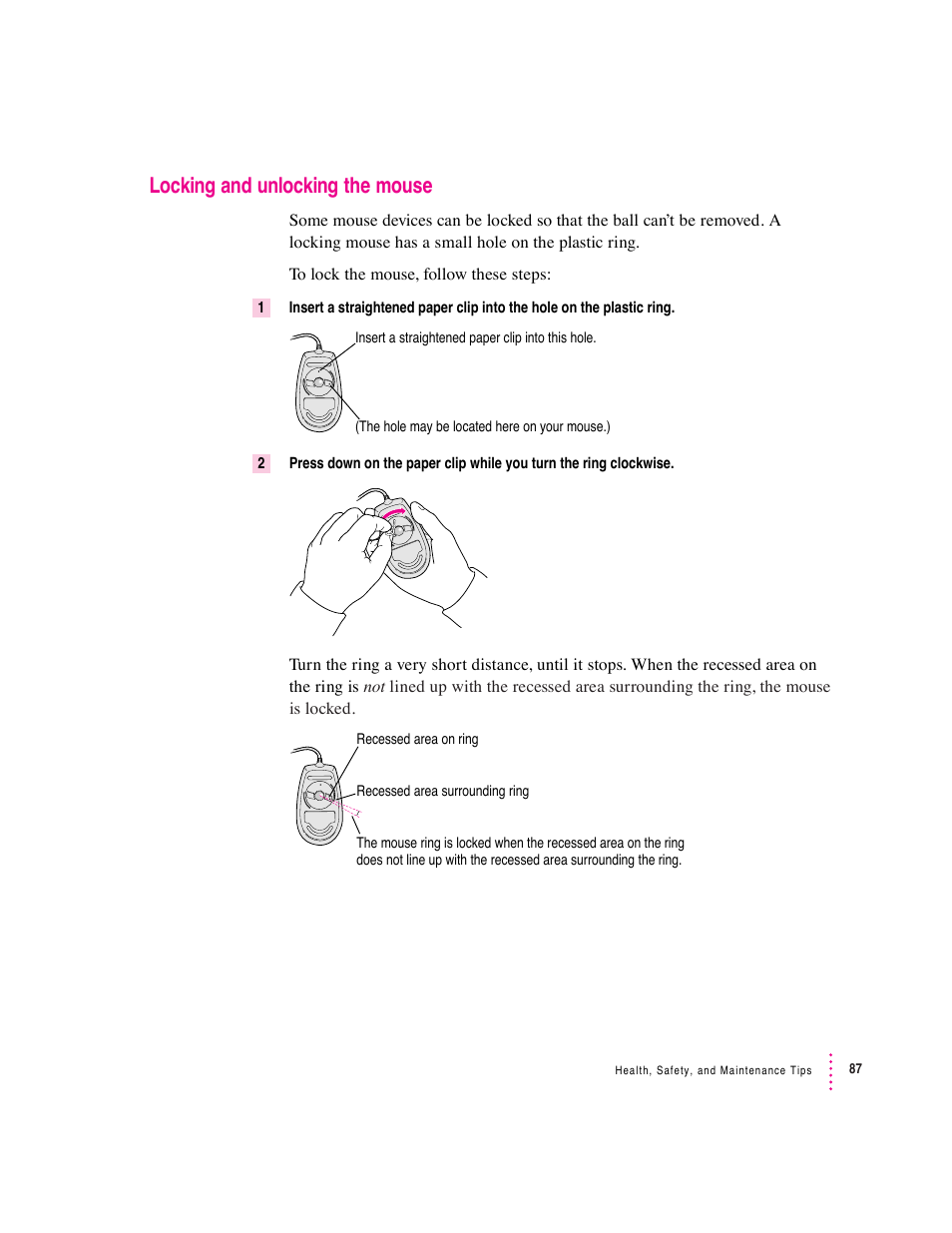 Locking and unlocking the mouse | Apple Macintosh Performa 600 Series User Manual | Page 94 / 122