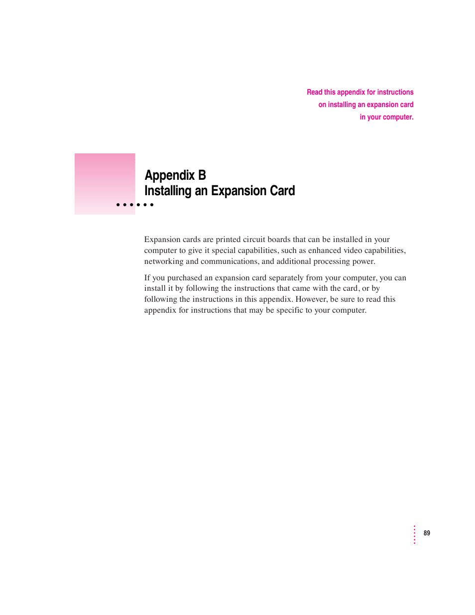 Appendix b installing an expansion card | Apple Macintosh Performa 600 Series User Manual | Page 96 / 122