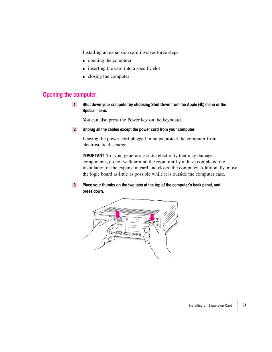 Opening the computer | Apple Macintosh Performa 600 Series User Manual | Page 98 / 122