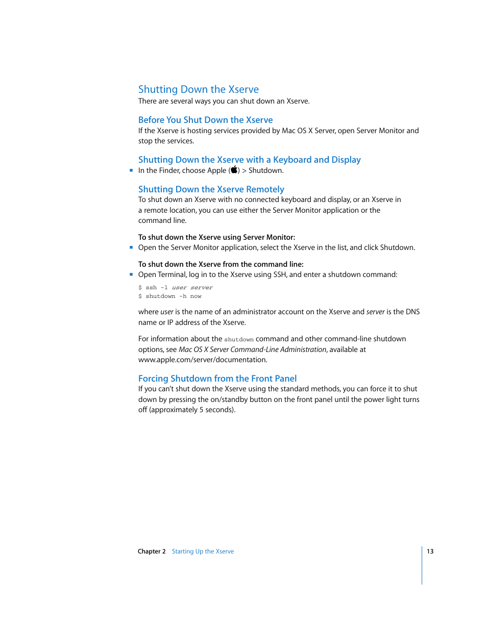 Shutting down the xserve, Before you shut down the xserve, Shutting down the xserve remotely | Forcing shutdown from the front panel | Apple Xserve Intel (Late 2006) User Manual | Page 13 / 29
