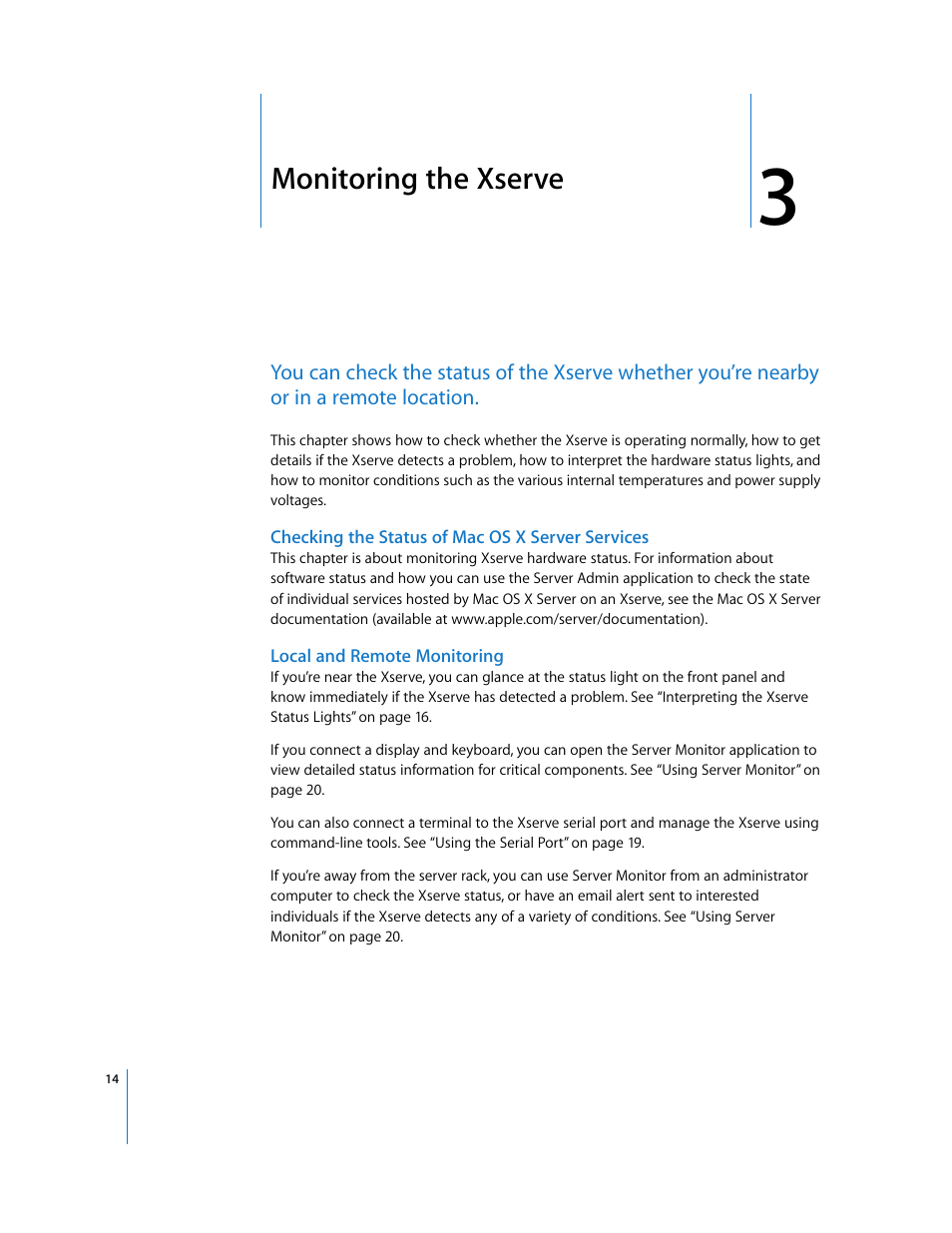 Monitoring the xserve, Checking the status of macosx server services, Local and remote monitoring | Chapter 3 | Apple Xserve Intel (Late 2006) User Manual | Page 14 / 29