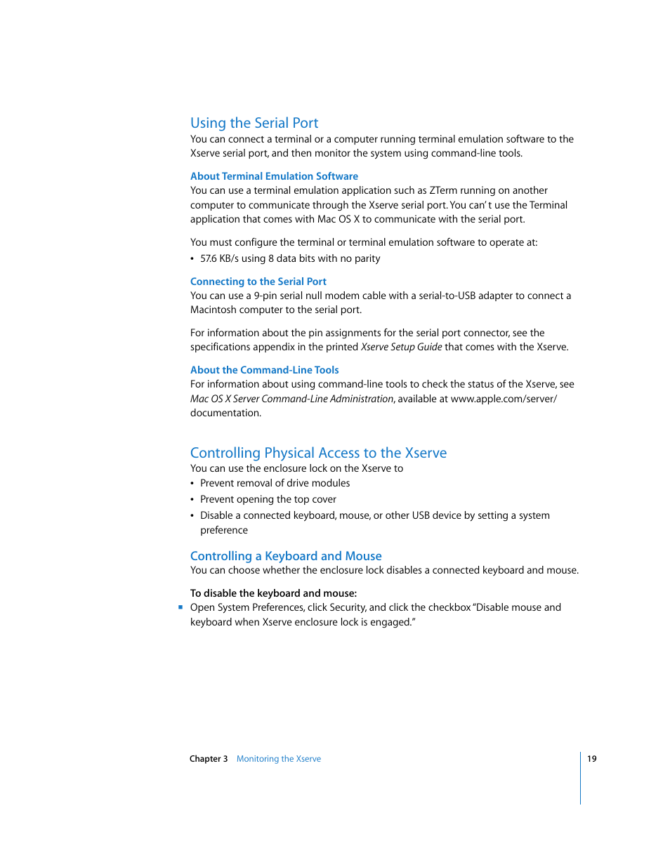 Using the serial port, Controlling physical access to the xserve, Controlling a keyboard and mouse | Apple Xserve Intel (Late 2006) User Manual | Page 19 / 29