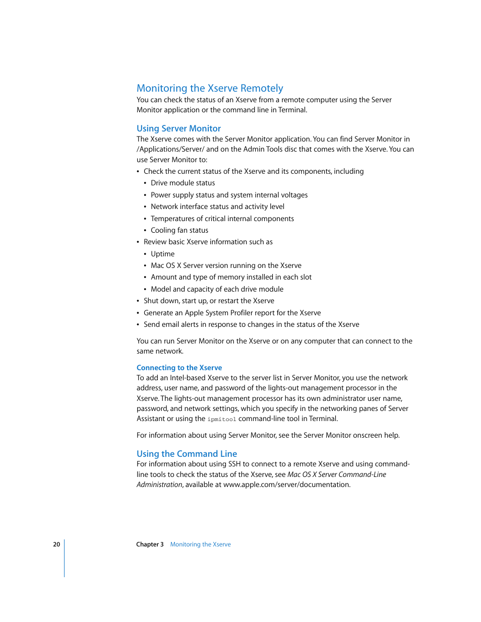 Monitoring the xserve remotely, Using server monitor, Using the command line | Apple Xserve Intel (Late 2006) User Manual | Page 20 / 29