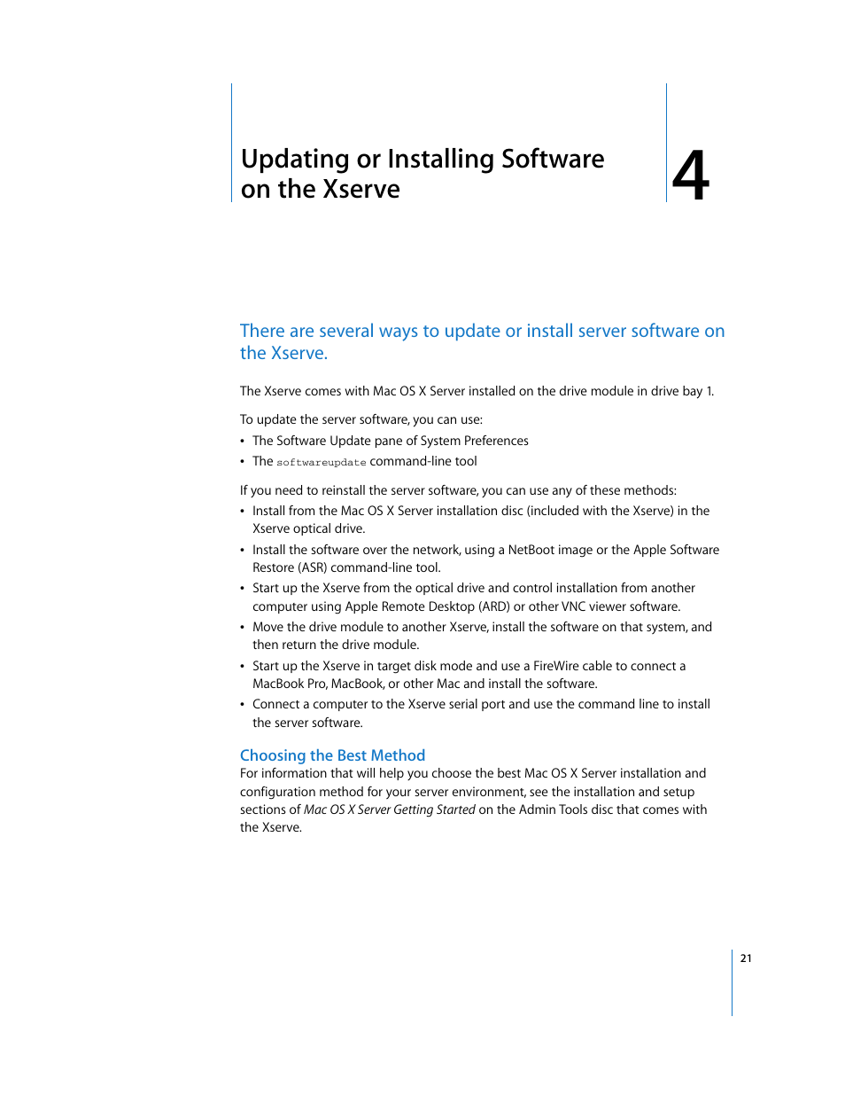 Updating or installing software on the xserve, Choosing the best method, Chapter 4 | Apple Xserve Intel (Late 2006) User Manual | Page 21 / 29