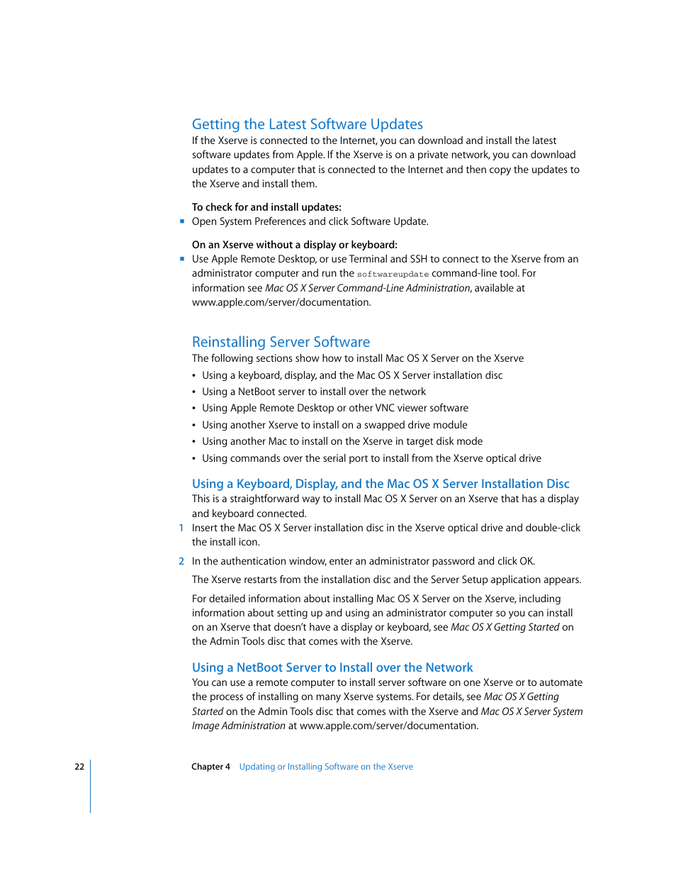 Getting the latest software updates, Reinstalling server software, Using a netboot server to install over the network | Apple Xserve Intel (Late 2006) User Manual | Page 22 / 29