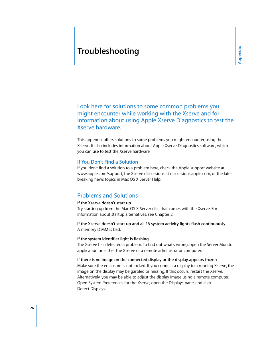 Troubleshooting, If you don’t find a solution, Problems and solutions | Appendix | Apple Xserve Intel (Late 2006) User Manual | Page 26 / 29