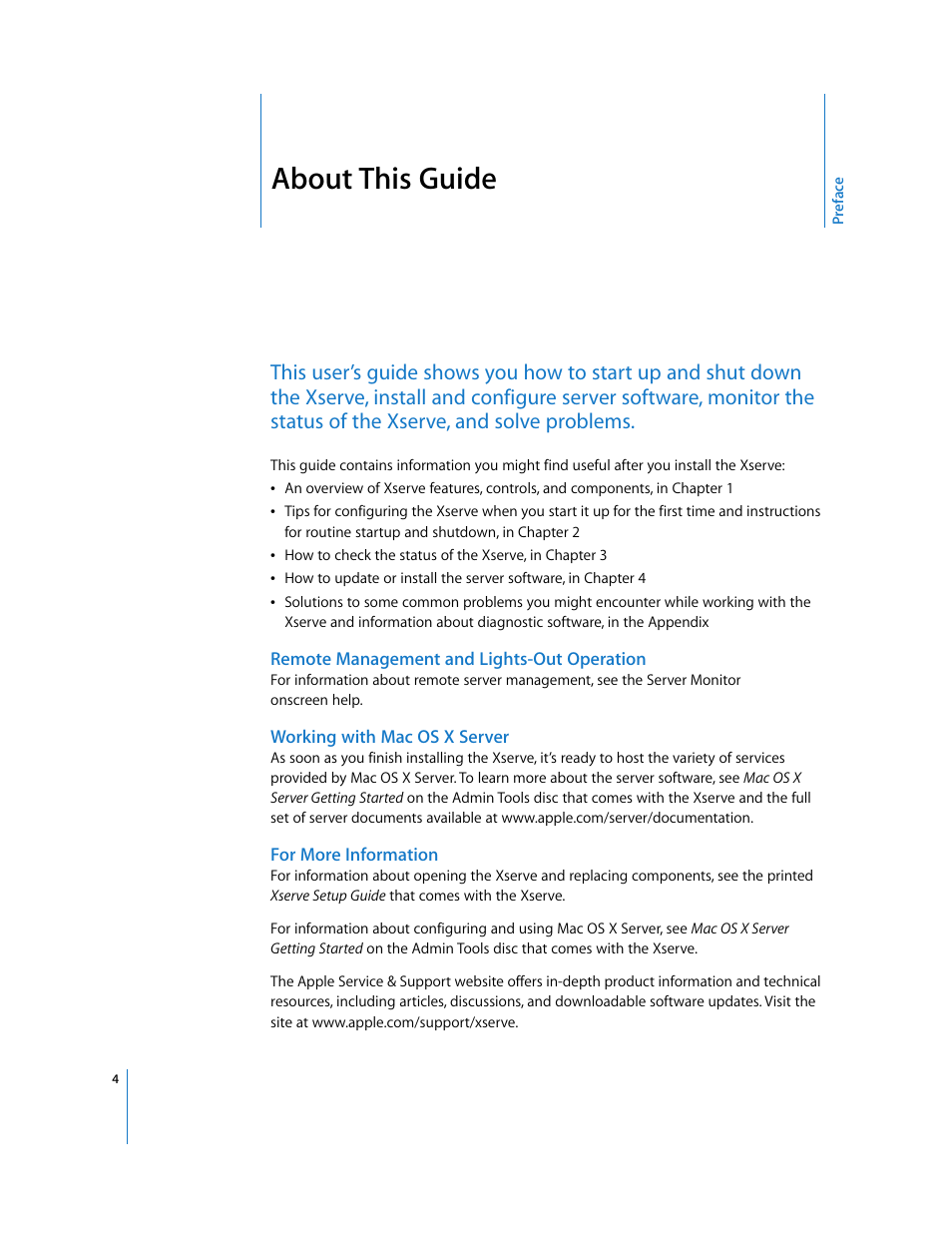 About this guide, Remote management and lights-out operation, Working with macosx server | For more information, Preface | Apple Xserve Intel (Late 2006) User Manual | Page 4 / 29
