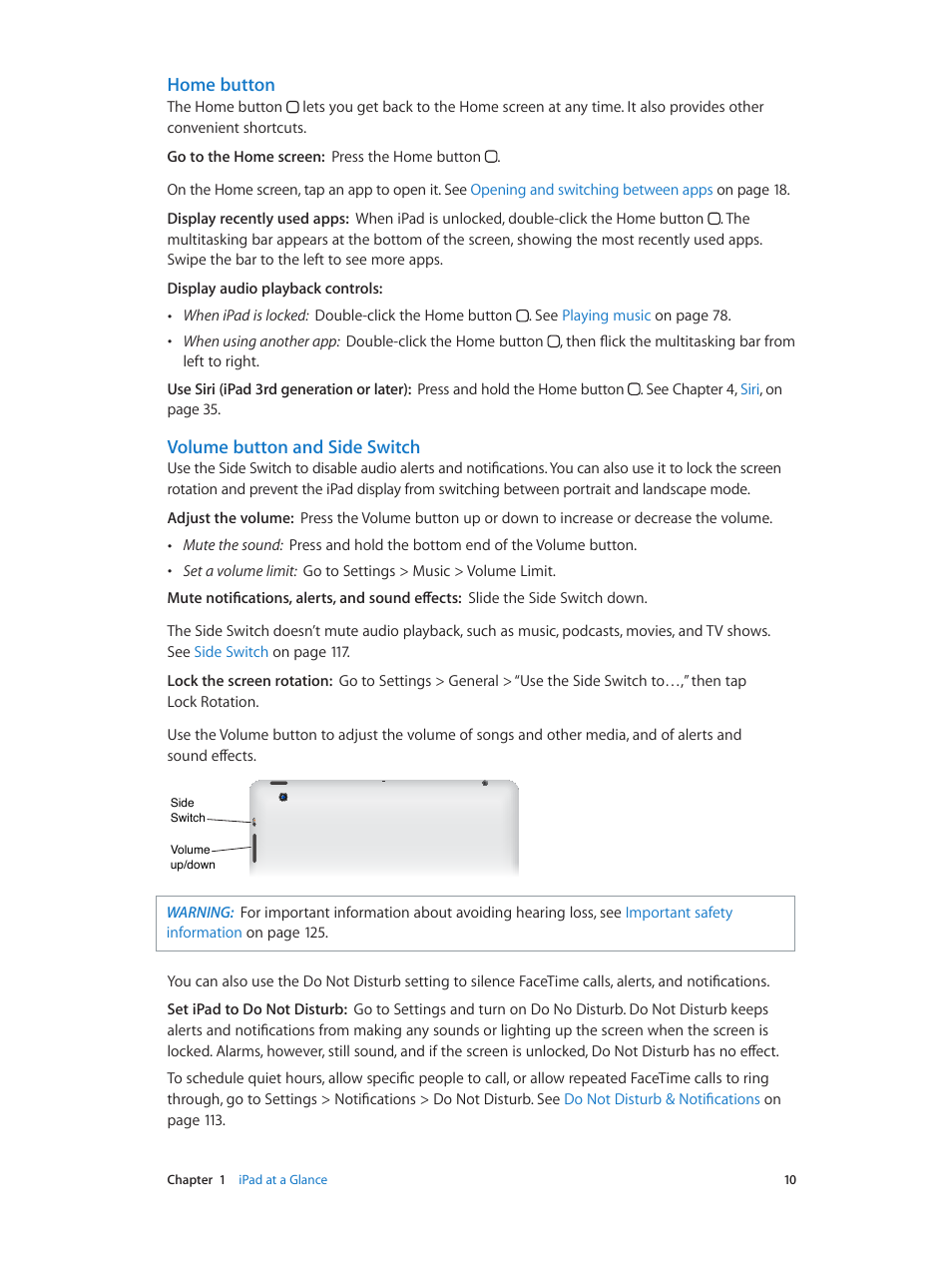 Home button, Volume button and side switch | Apple iPad iOS 6.1 User Manual | Page 10 / 137