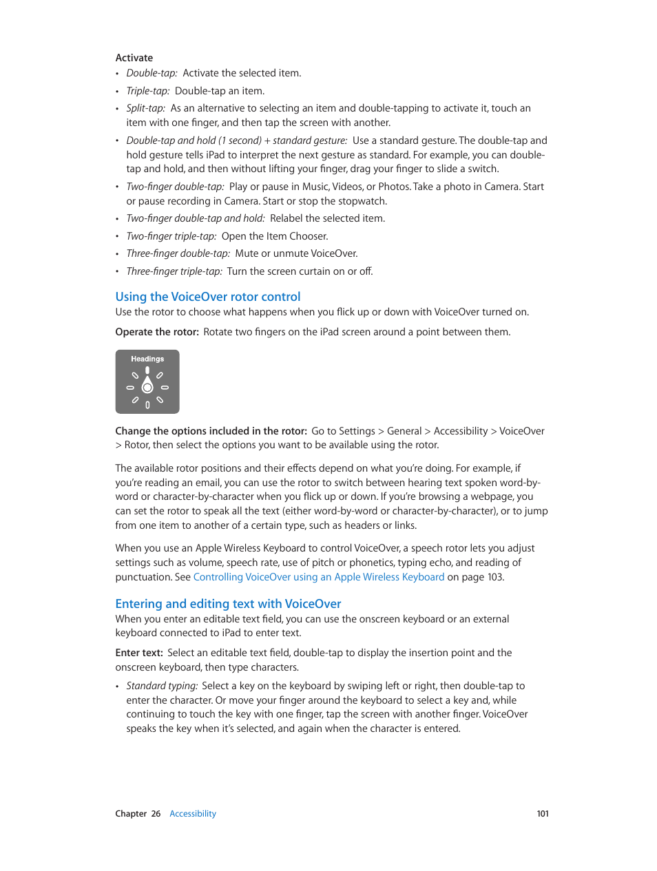 Using the voiceover rotor control, Using the voiceover rotor, Control | Entering and editing text with voiceover | Apple iPad iOS 6.1 User Manual | Page 101 / 137