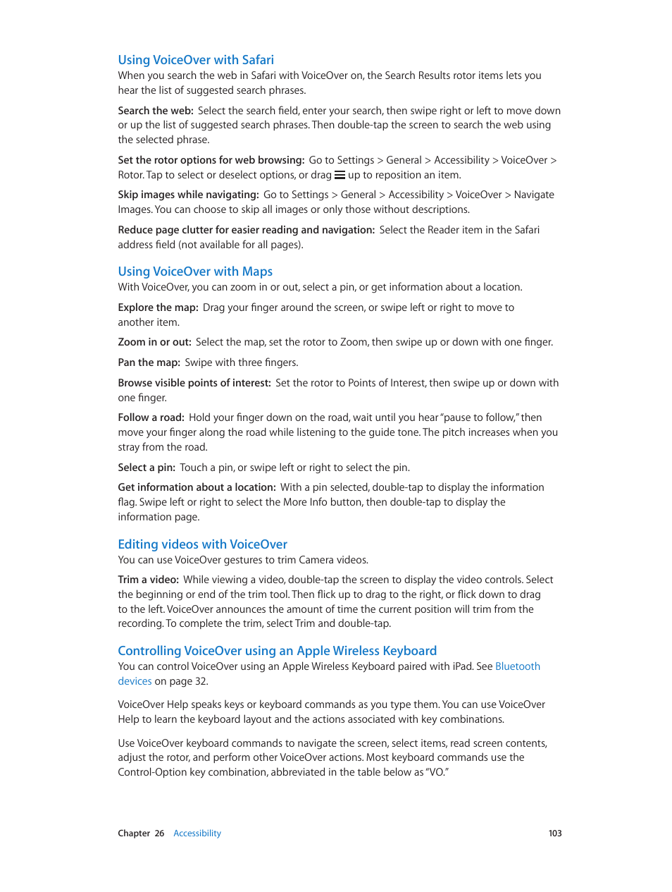 Using voiceover with safari, Using voiceover with maps, Editing videos with voiceover | Apple iPad iOS 6.1 User Manual | Page 103 / 137