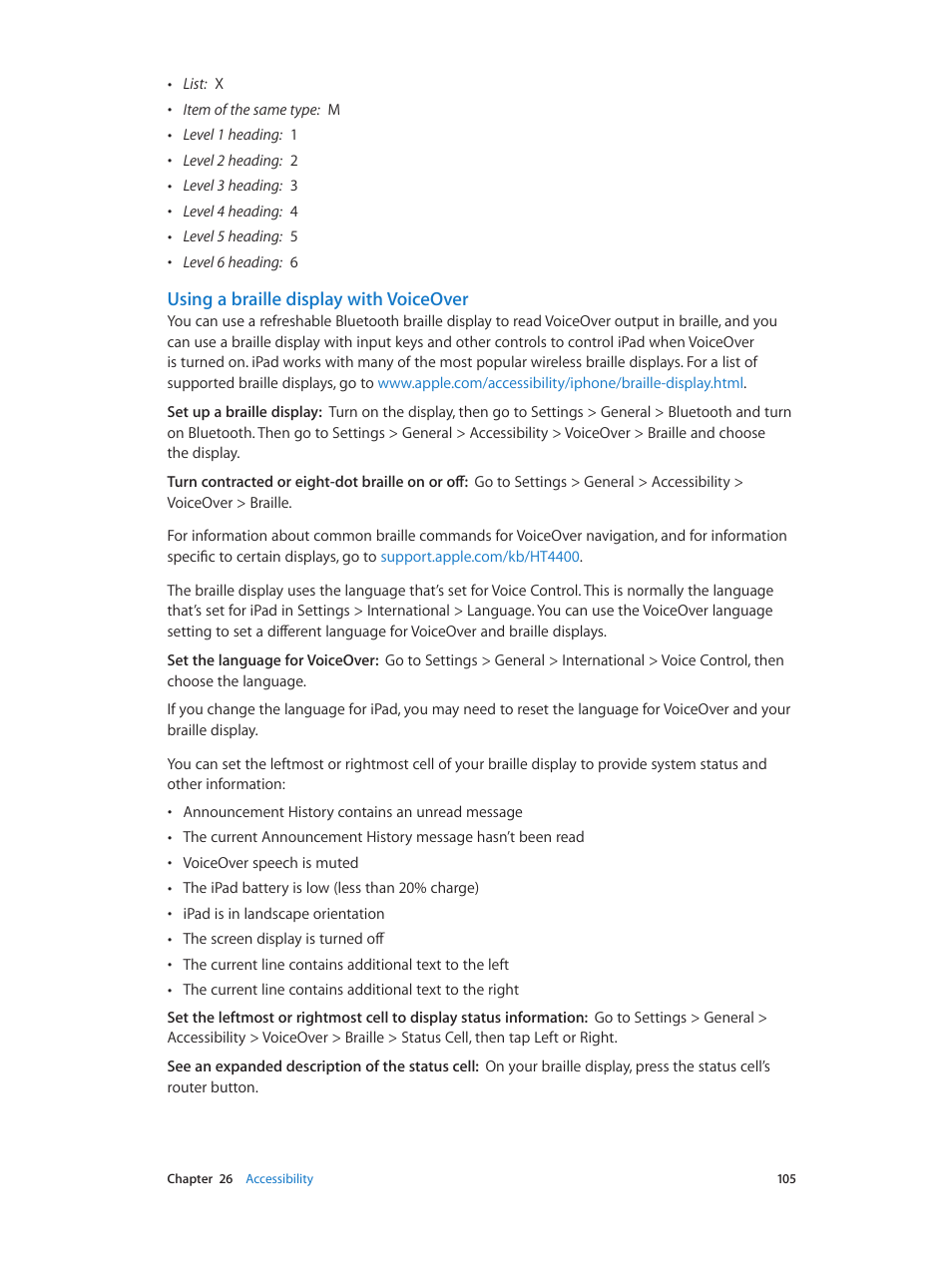 Using a braille display with voiceover | Apple iPad iOS 6.1 User Manual | Page 105 / 137