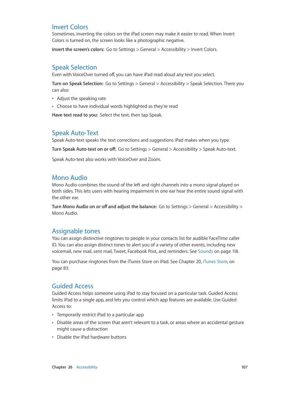 Invert colors, Speak selection, Speak auto-text | Mono audio, Assignable tones, Guided access, Guided, Access | Apple iPad iOS 6.1 User Manual | Page 107 / 137