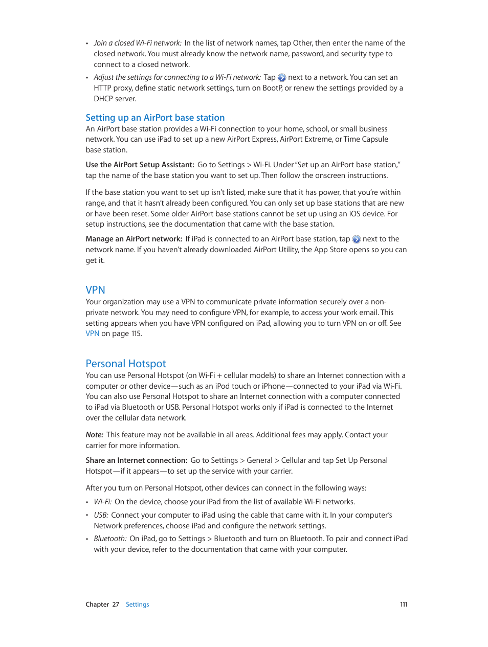 Personal hotspot, 111 vpn 111 personal hotspot, Setting up an airport base station | Apple iPad iOS 6.1 User Manual | Page 111 / 137