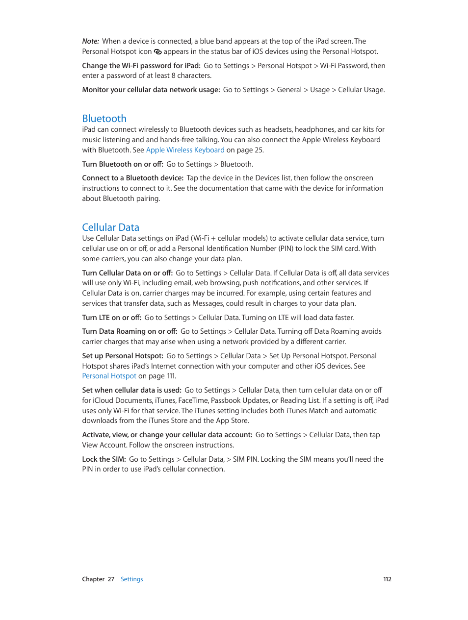 Bluetooth, Cellular data, 112 bluetooth 112 cellular data | Apple iPad iOS 6.1 User Manual | Page 112 / 137