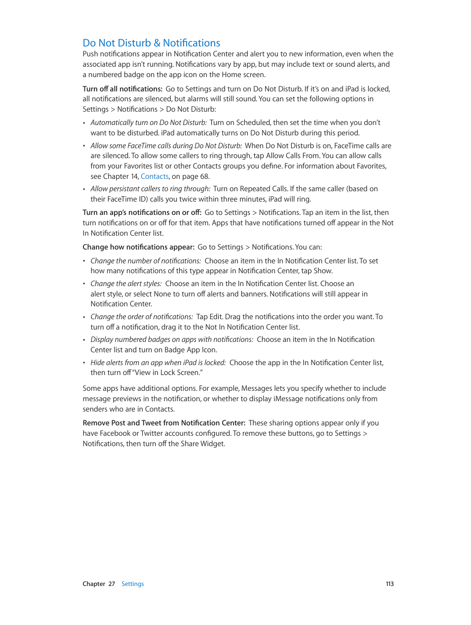 Do not disturb & notifications, 113 do not disturb & notifications, Do not disturb | Notifications, Do not, Disturb & notifications | Apple iPad iOS 6.1 User Manual | Page 113 / 137