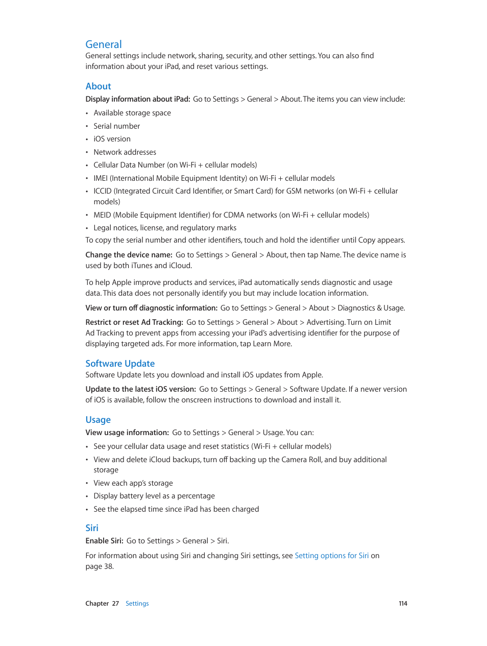 General, 114 general, About | Software update, Usage, Siri | Apple iPad iOS 6.1 User Manual | Page 114 / 137