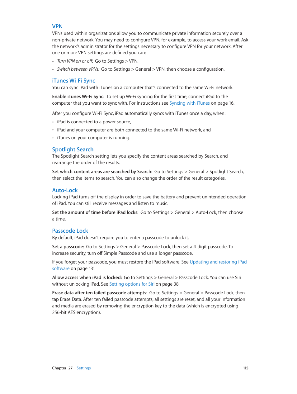 Itunes wi-fi sync, Spotlight search, Auto-lock | Passcode lock | Apple iPad iOS 6.1 User Manual | Page 115 / 137