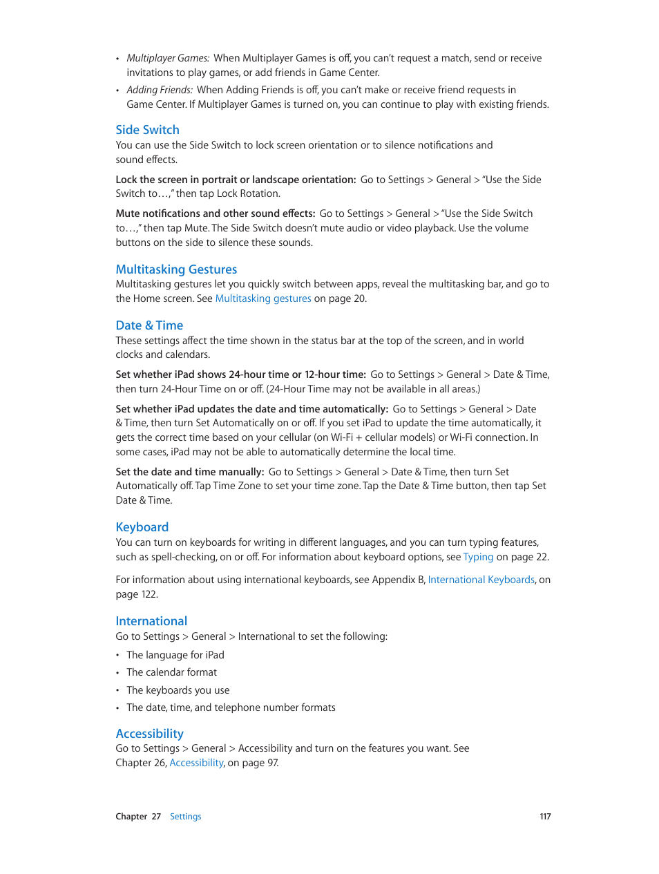 Side switch, Multitasking gestures, Date & time | Keyboard, International, Accessibility | Apple iPad iOS 6.1 User Manual | Page 117 / 137