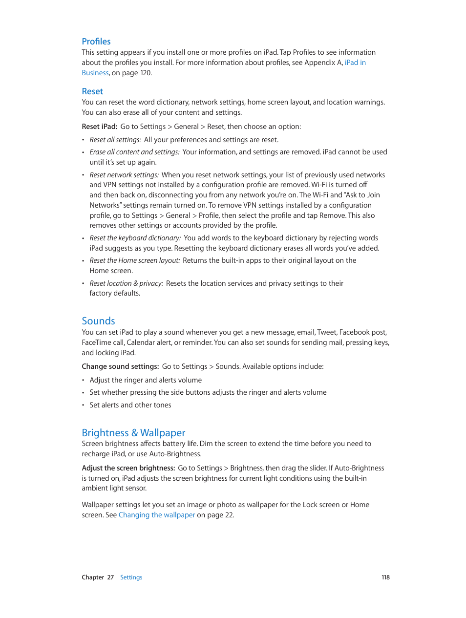 Sounds, Brightness & wallpaper, 118 sounds 118 brightness & wallpaper | Profiles, Reset | Apple iPad iOS 6.1 User Manual | Page 118 / 137