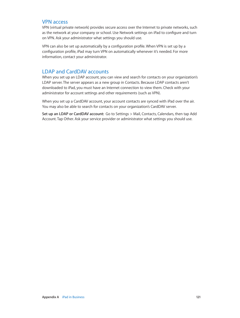 Vpn access, Ldap and carddav accounts, 121 vpn access 121 ldap and carddav accounts | Apple iPad iOS 6.1 User Manual | Page 121 / 137