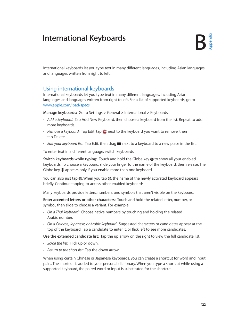 Appendix b: international keyboards, Using international keyboards, 122 using international keyboards | International keyboards | Apple iPad iOS 6.1 User Manual | Page 122 / 137