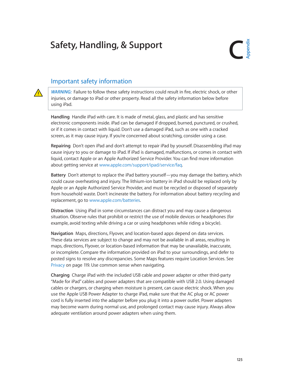 Appendix c: safety, handling, & support, Important safety information, 125 important safety information | Important safety, Information, Safety, handling, & support | Apple iPad iOS 6.1 User Manual | Page 125 / 137