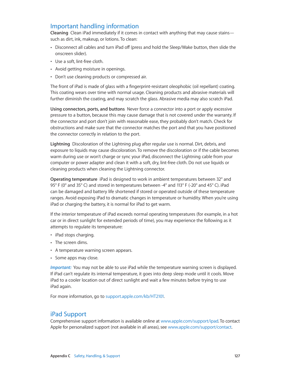 Important handling information, Ipad support | Apple iPad iOS 6.1 User Manual | Page 127 / 137