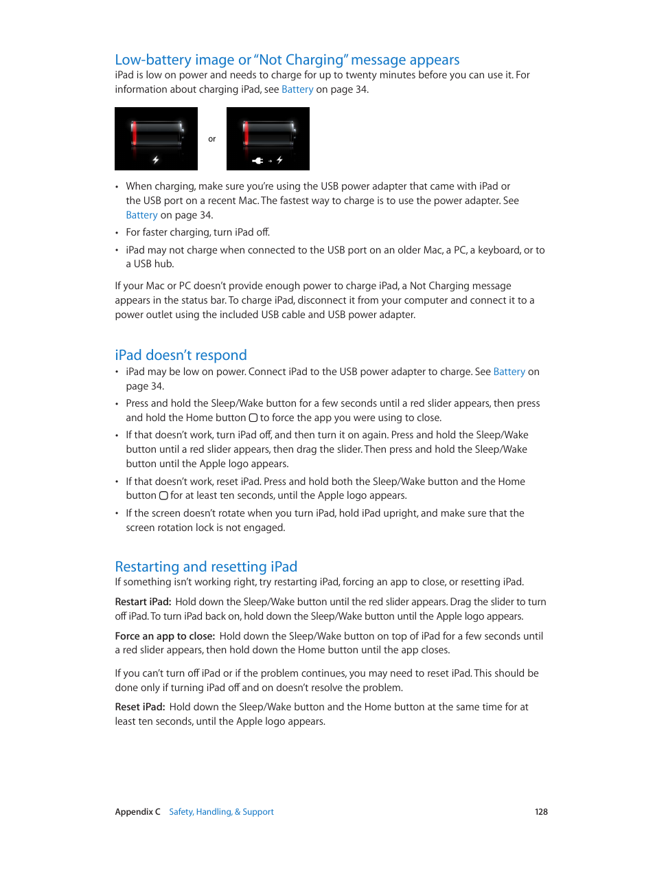 Ipad doesn’t respond, Restarting and resetting ipad | Apple iPad iOS 6.1 User Manual | Page 128 / 137