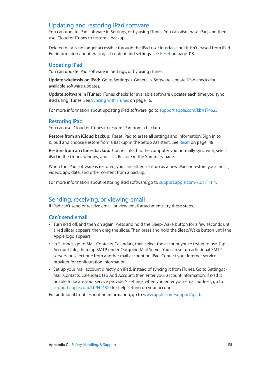 Updating and restoring ipad software, Sending, receiving, or viewing email, Updating and restoring ipad | Software, Updating ipad, Restoring ipad, Can’t send email | Apple iPad iOS 6.1 User Manual | Page 131 / 137