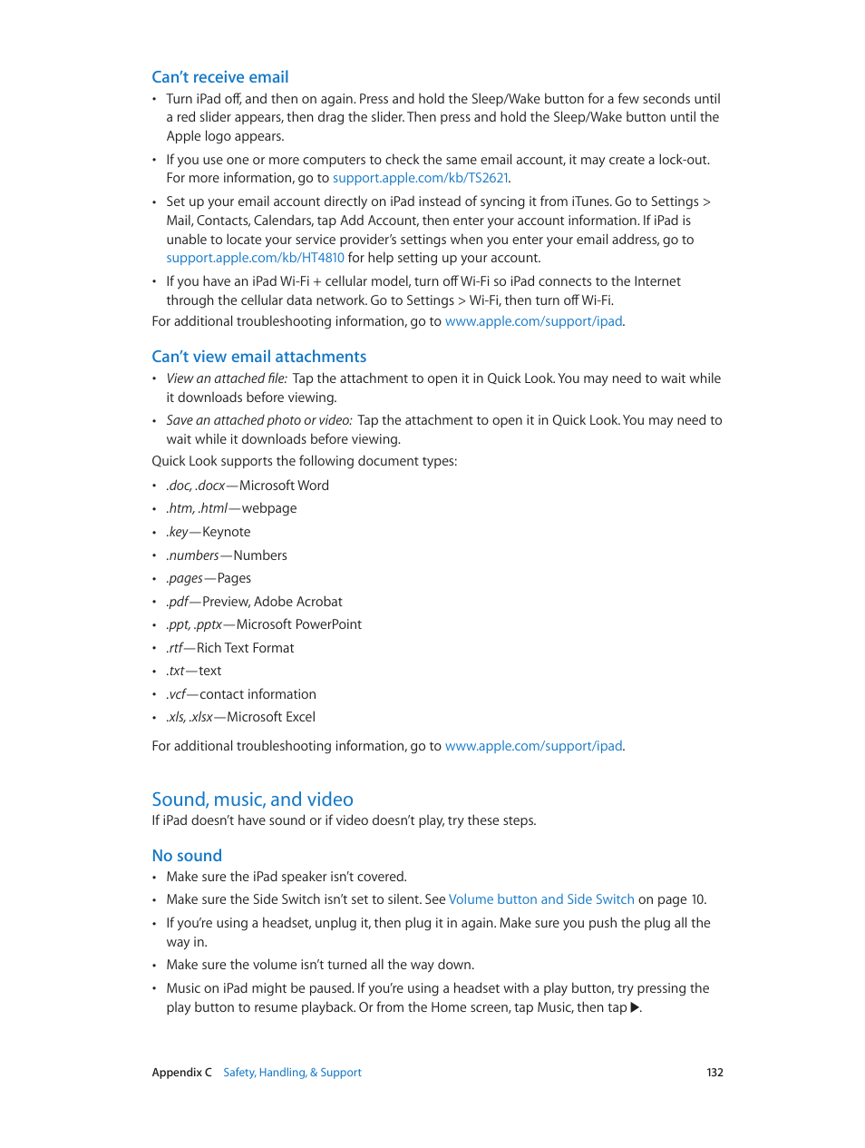 Sound, music, and video, 132 sound, music, and video, Can’t receive email | Can’t view email attachments, No sound | Apple iPad iOS 6.1 User Manual | Page 132 / 137