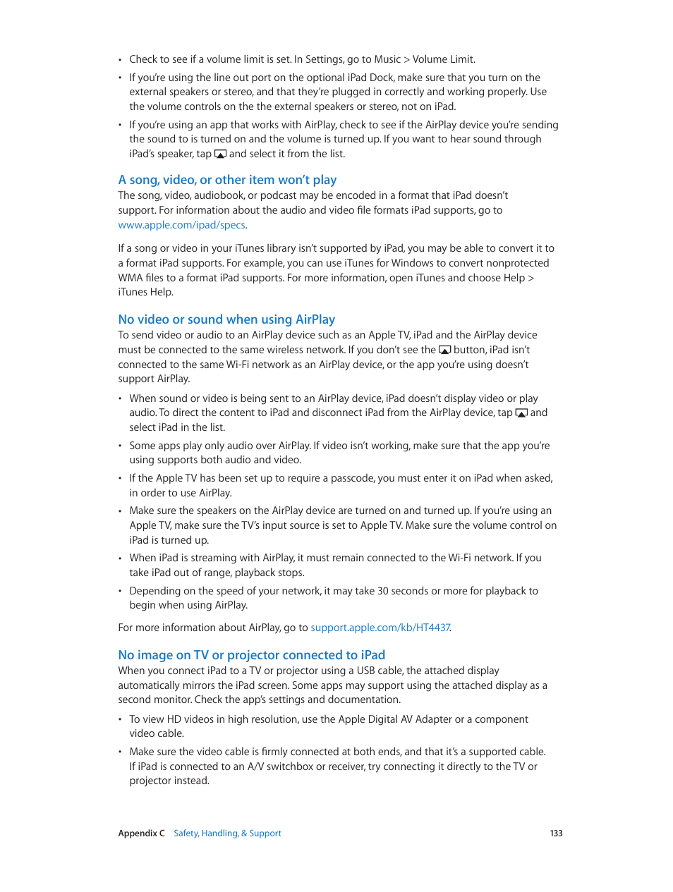 A song, video, or other item won’t play, No video or sound when using airplay, No image on tv or projector connected to ipad | Apple iPad iOS 6.1 User Manual | Page 133 / 137