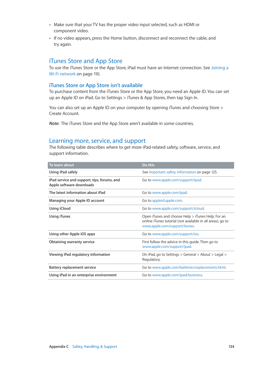 Itunes store and app store, Learning more, service, and support, Itunes store or app store isn’t available | Apple iPad iOS 6.1 User Manual | Page 134 / 137