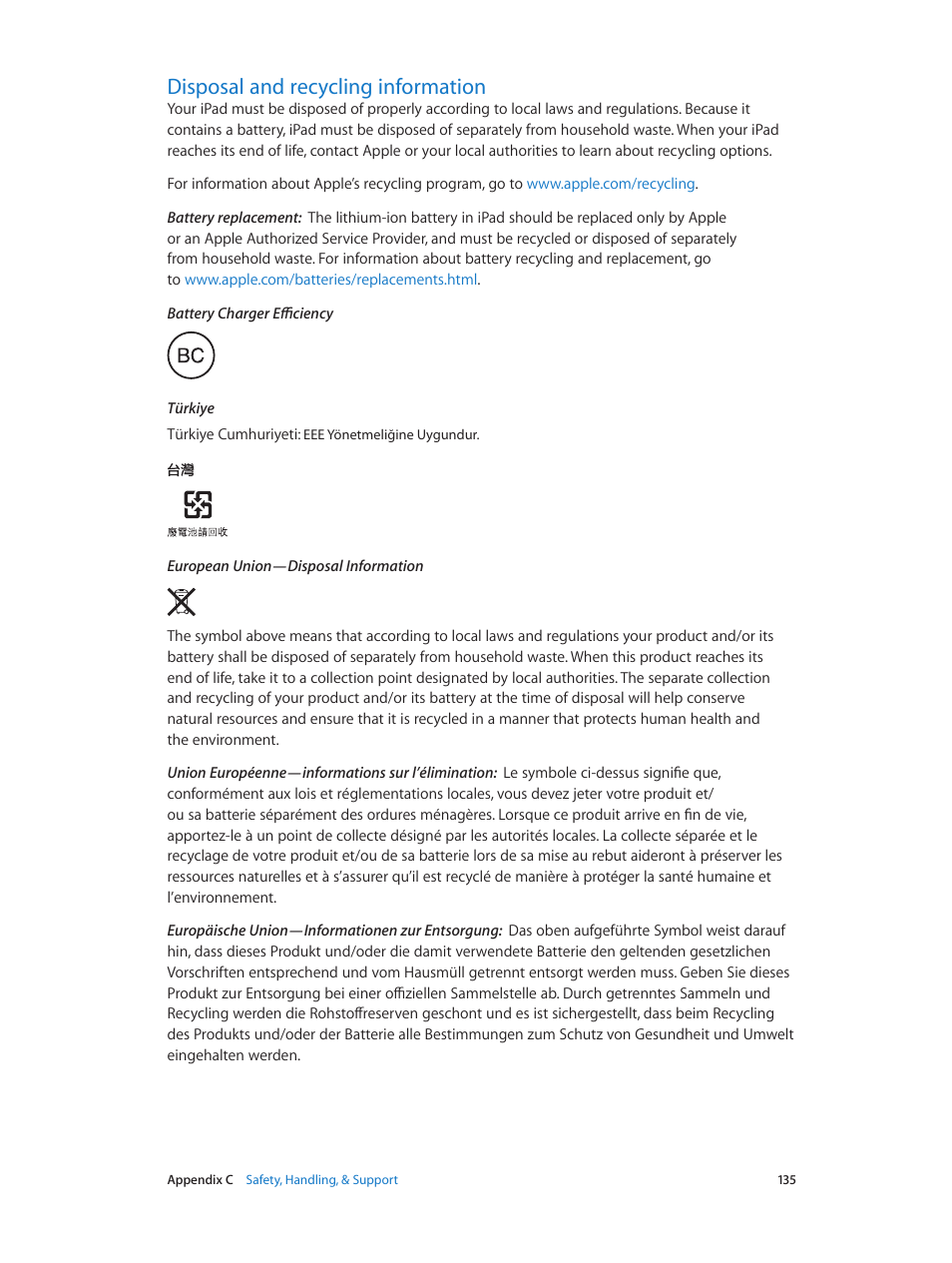 Disposal and recycling information, 135 disposal and recycling information | Apple iPad iOS 6.1 User Manual | Page 135 / 137