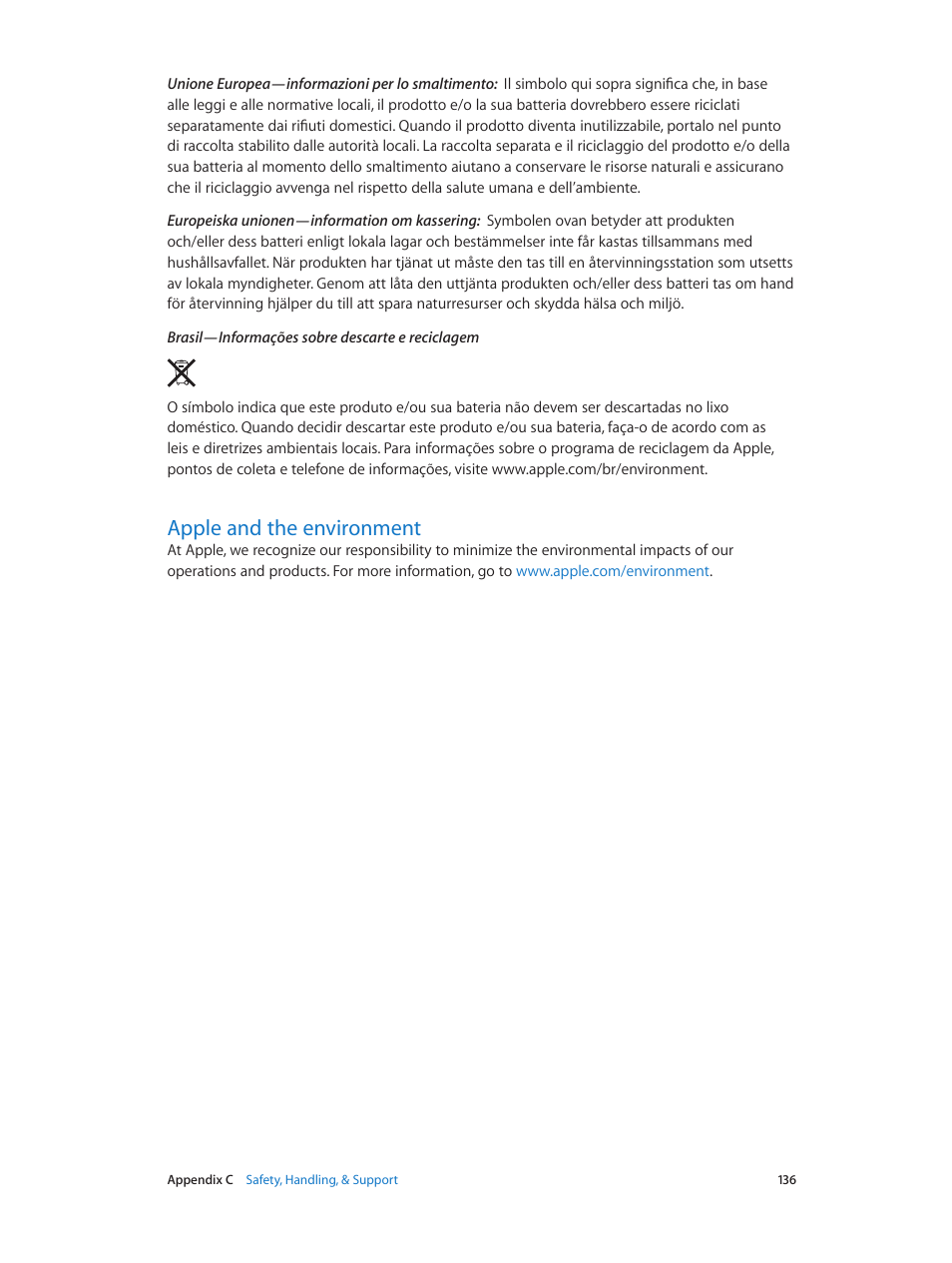 Apple and the environment, 136 apple and the environment | Apple iPad iOS 6.1 User Manual | Page 136 / 137