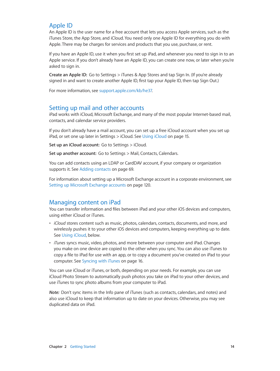 Apple id, Setting up mail and other accounts, Managing content on ipad | Apple iPad iOS 6.1 User Manual | Page 14 / 137