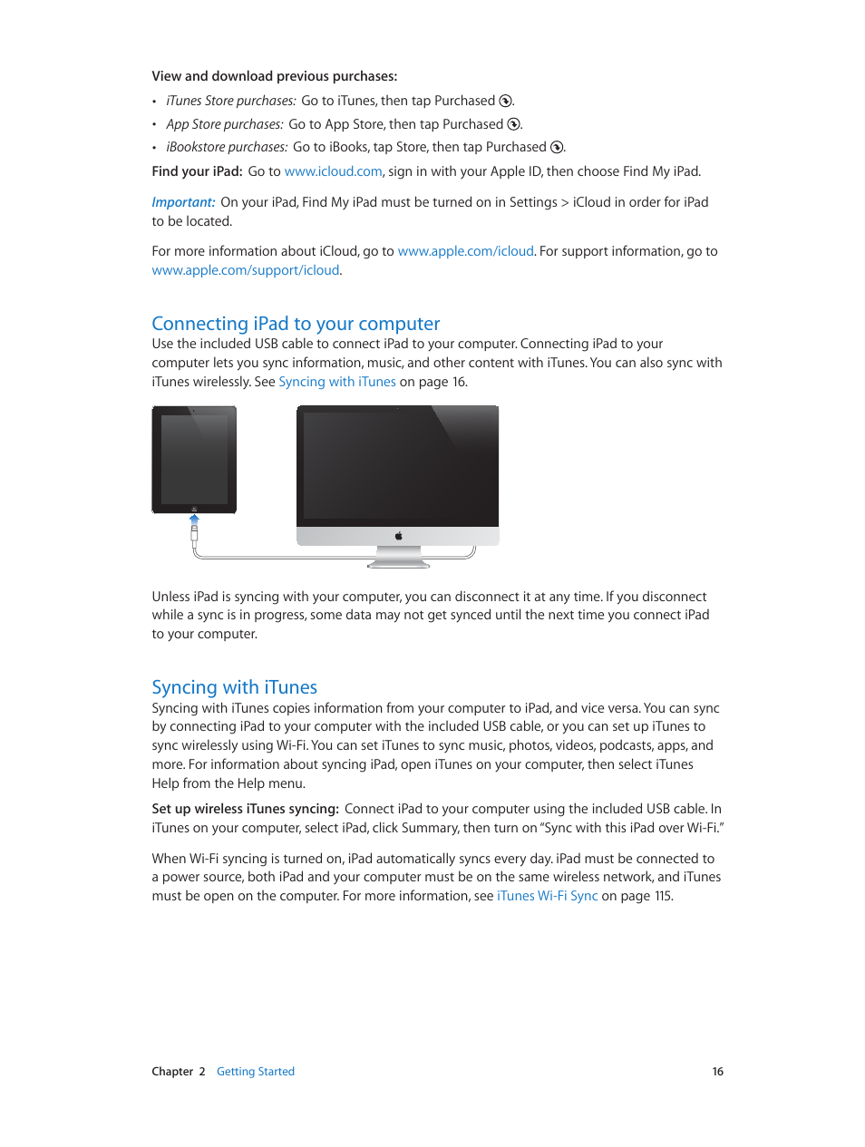 Connecting ipad to your computer, Syncing with itunes | Apple iPad iOS 6.1 User Manual | Page 16 / 137