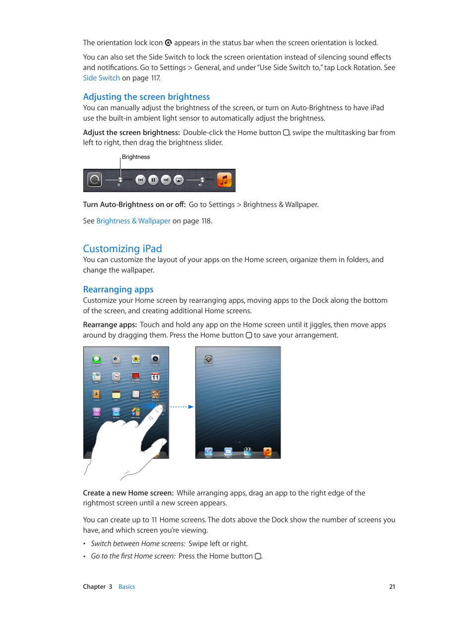 Customizing ipad, 21 customizing ipad, Adjusting the screen brightness | Rearranging apps | Apple iPad iOS 6.1 User Manual | Page 21 / 137