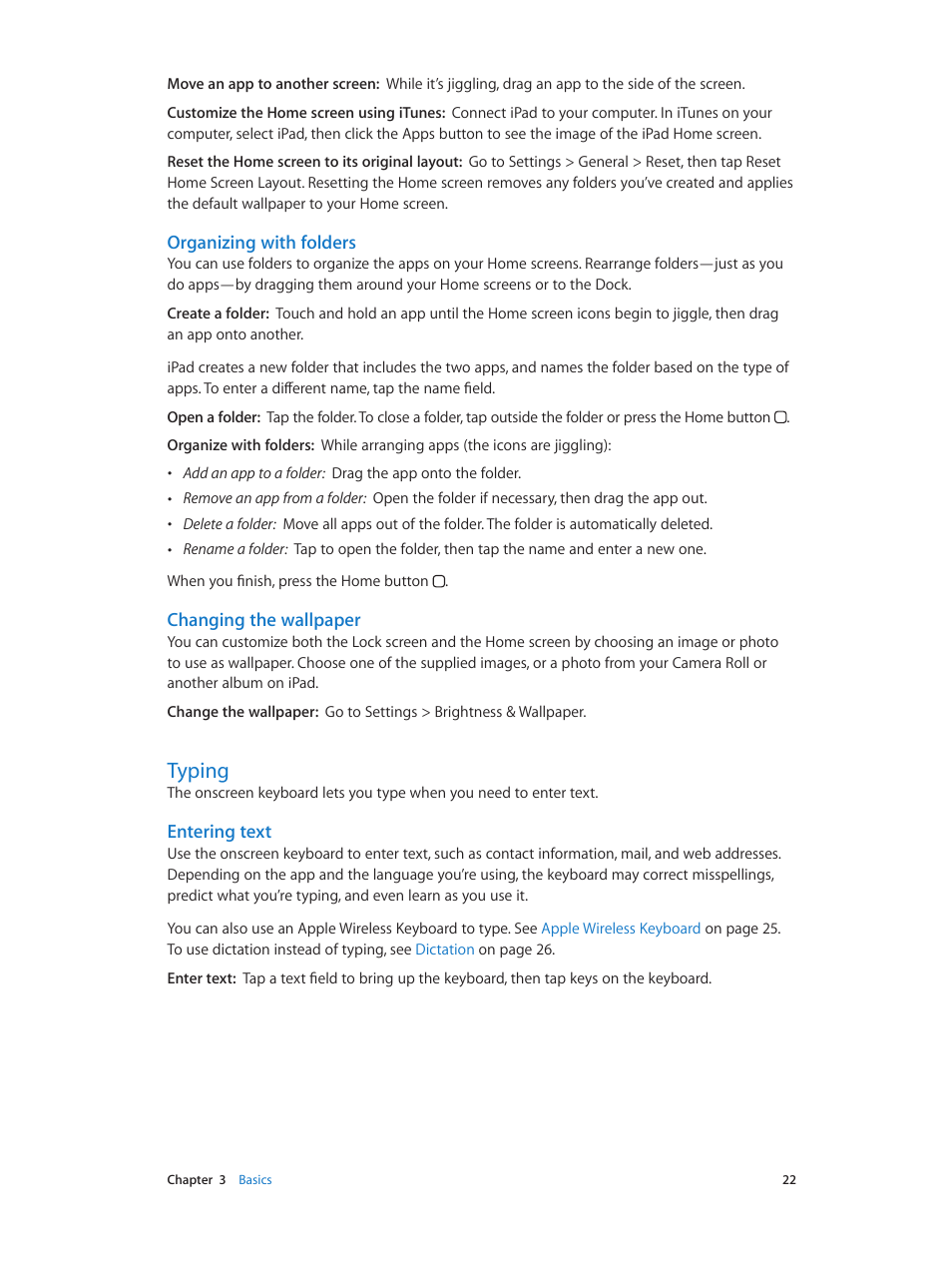 Typing, 22 typing, Organizing with folders | Changing the wallpaper, Entering text | Apple iPad iOS 6.1 User Manual | Page 22 / 137