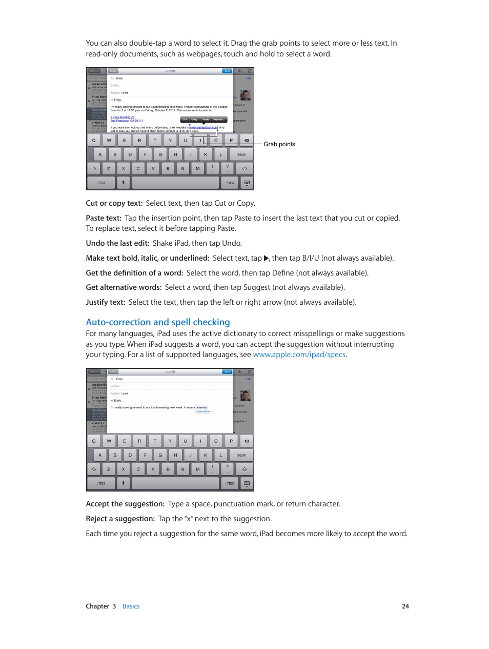 Auto-correction and spell checking | Apple iPad iOS 6.1 User Manual | Page 24 / 137