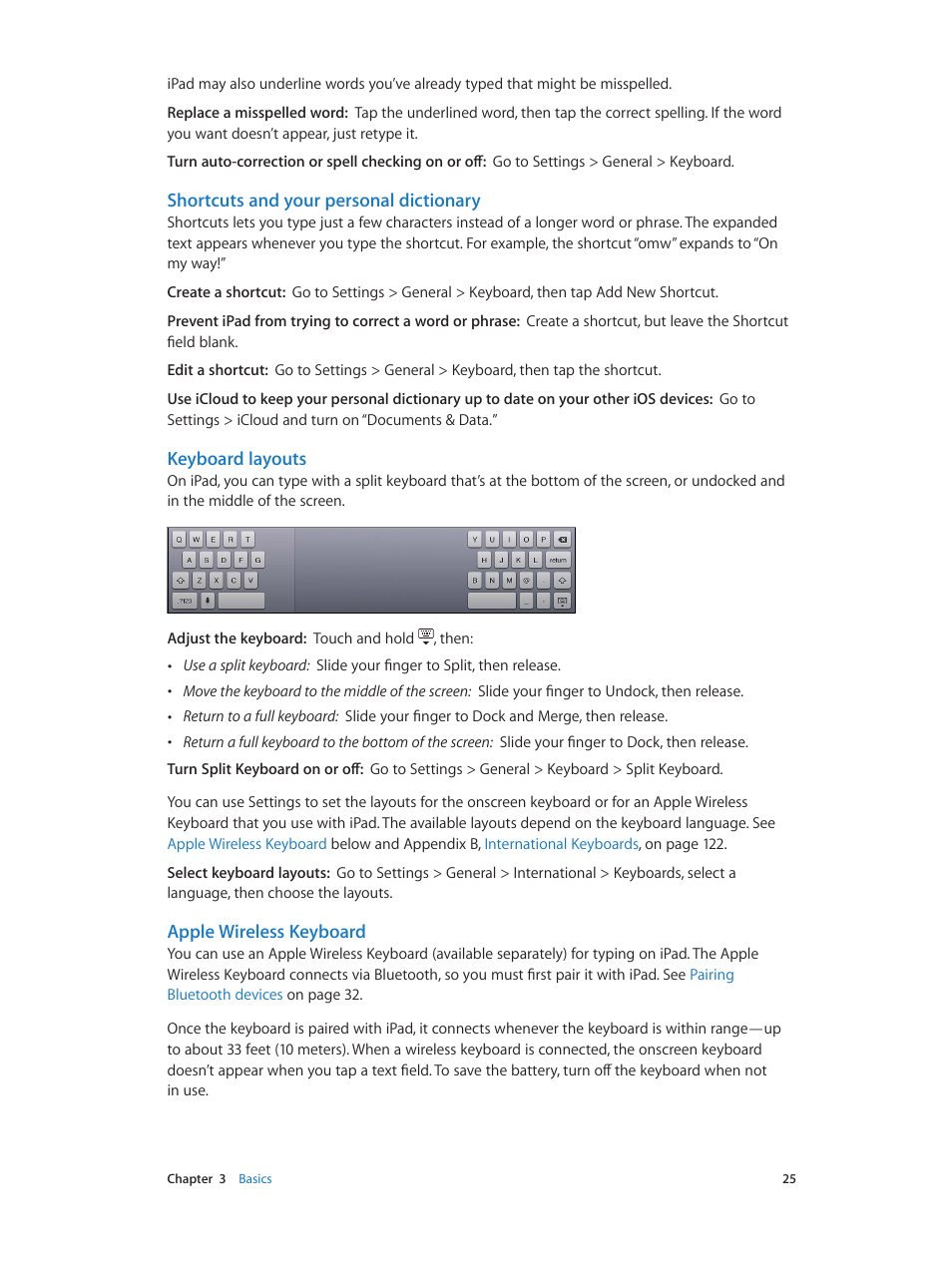 Apple wireless keyboard, Shortcuts and your personal dictionary, Keyboard layouts | Apple iPad iOS 6.1 User Manual | Page 25 / 137