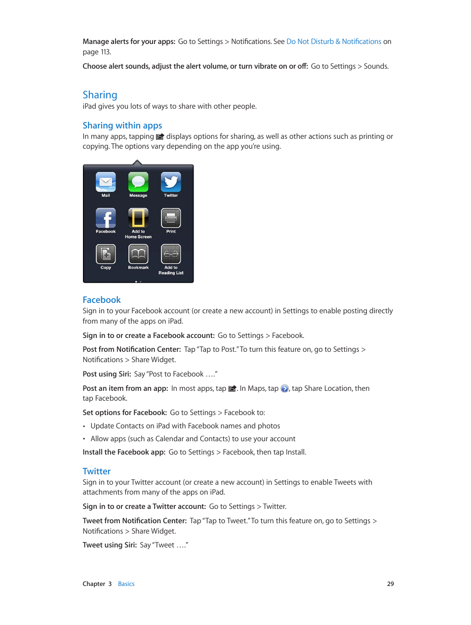 Sharing, 29 sharing, Sharing within apps | Facebook, Twitter | Apple iPad iOS 6.1 User Manual | Page 29 / 137