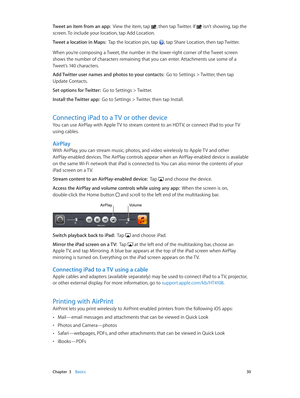 Connecting ipad to a tv or other device, Printing with airprint, Airplay | Connecting ipad to a tv using a cable | Apple iPad iOS 6.1 User Manual | Page 30 / 137