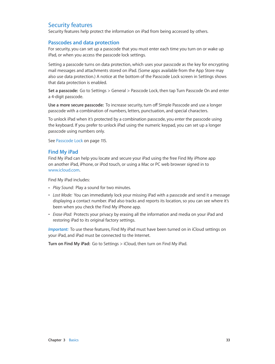 Security features, 33 security features, Find my ipad | Passcodes and data protection | Apple iPad iOS 6.1 User Manual | Page 33 / 137