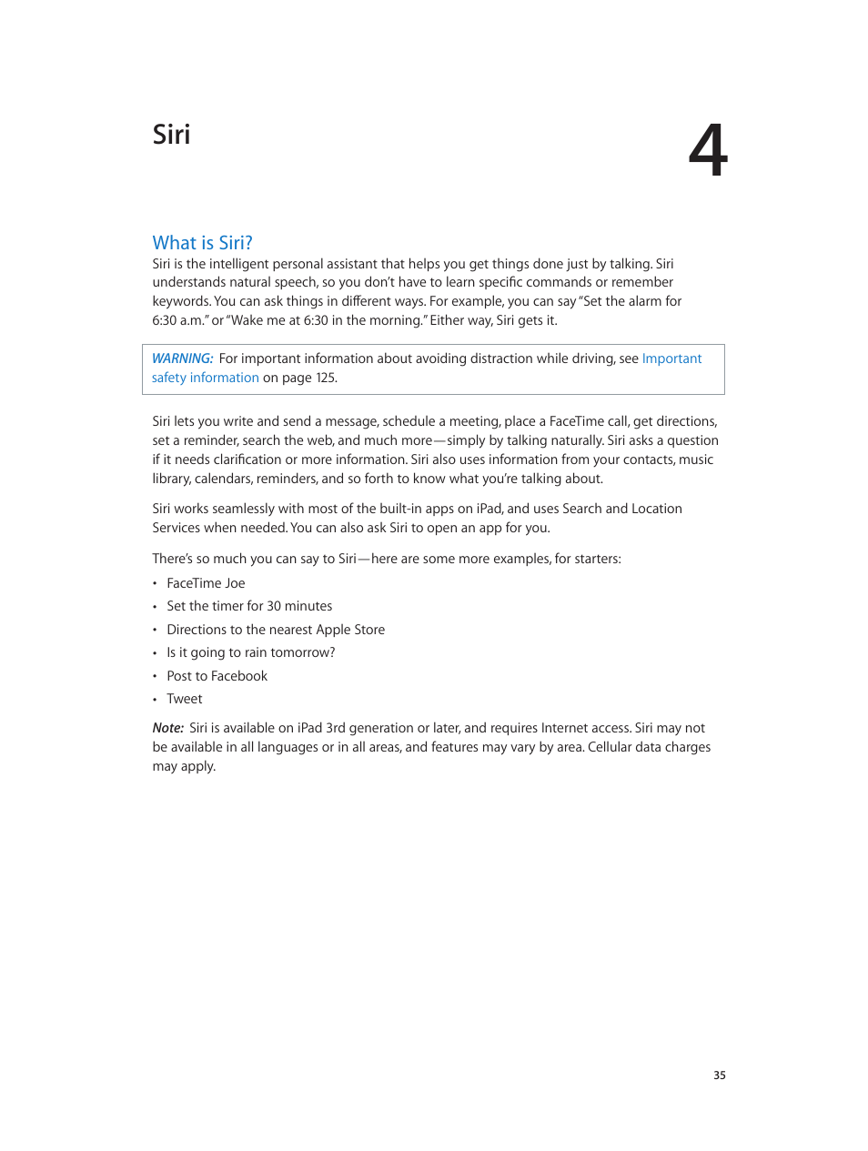 Chapter 4: siri, What is siri, 35 what is siri | Siri | Apple iPad iOS 6.1 User Manual | Page 35 / 137