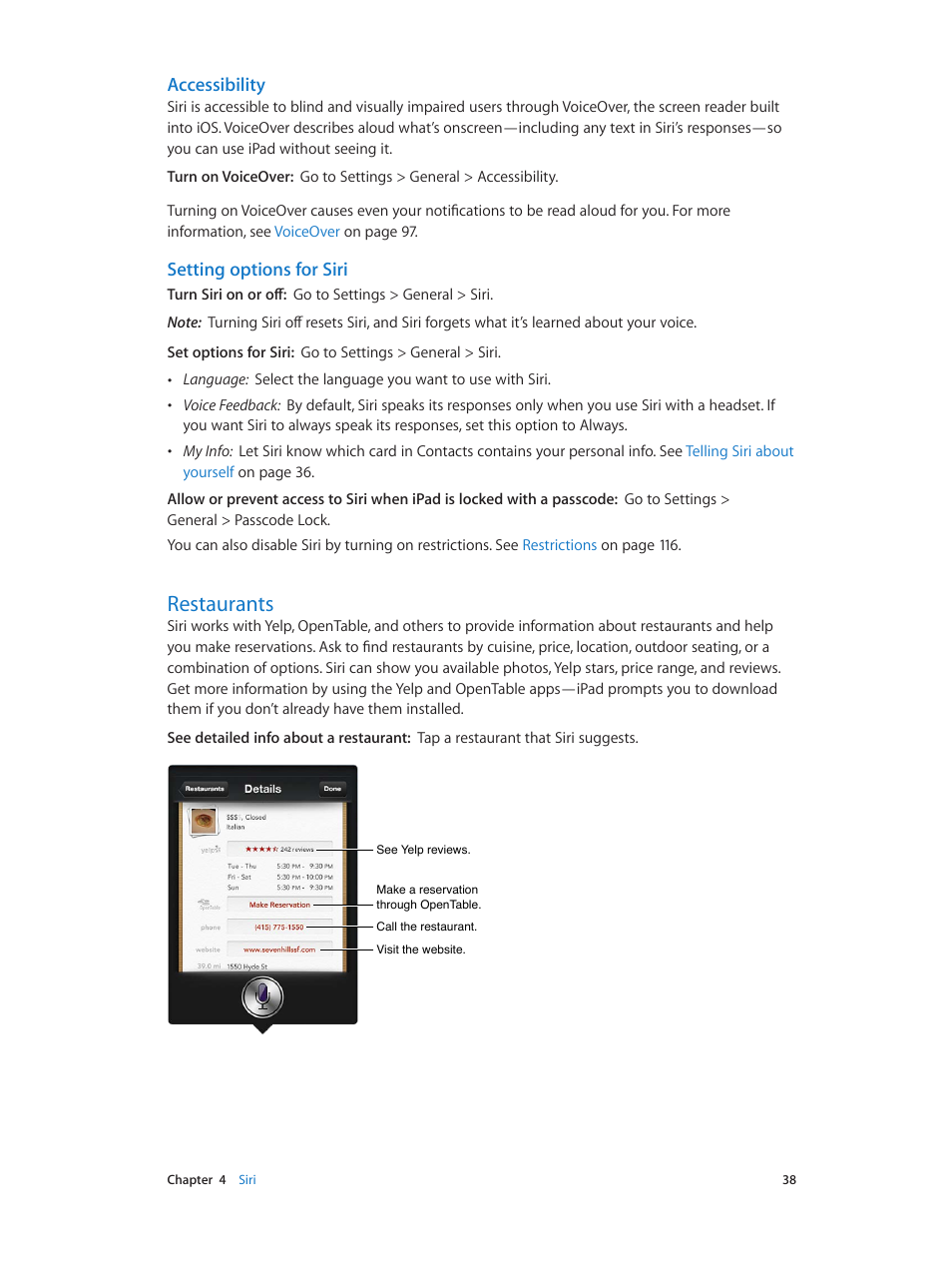 Restaurants, 38 restaurants, Accessibility | Setting options for siri | Apple iPad iOS 6.1 User Manual | Page 38 / 137