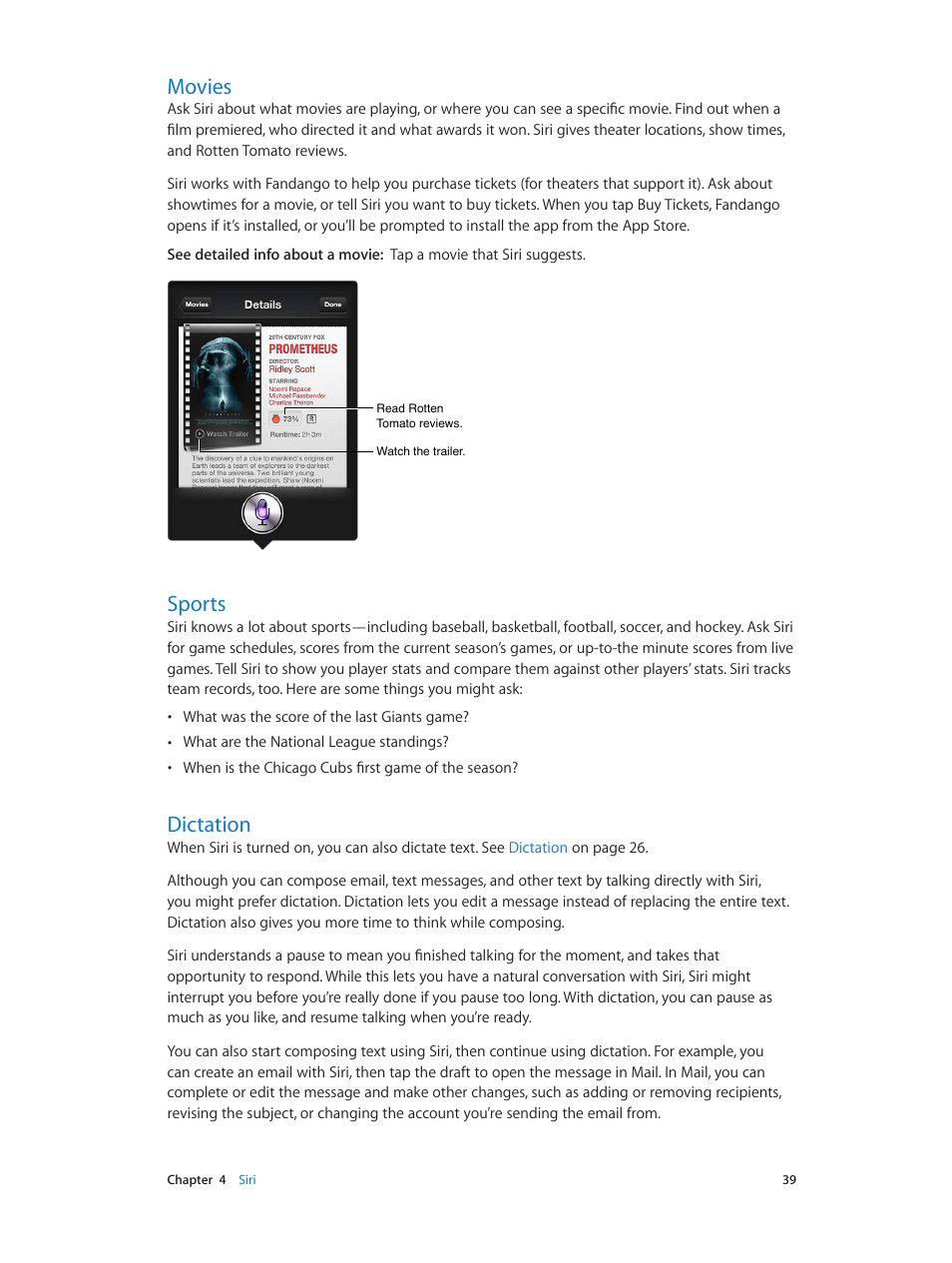 Movies, Sports, Dictation | 39 movies 39 sports 39 dictation | Apple iPad iOS 6.1 User Manual | Page 39 / 137