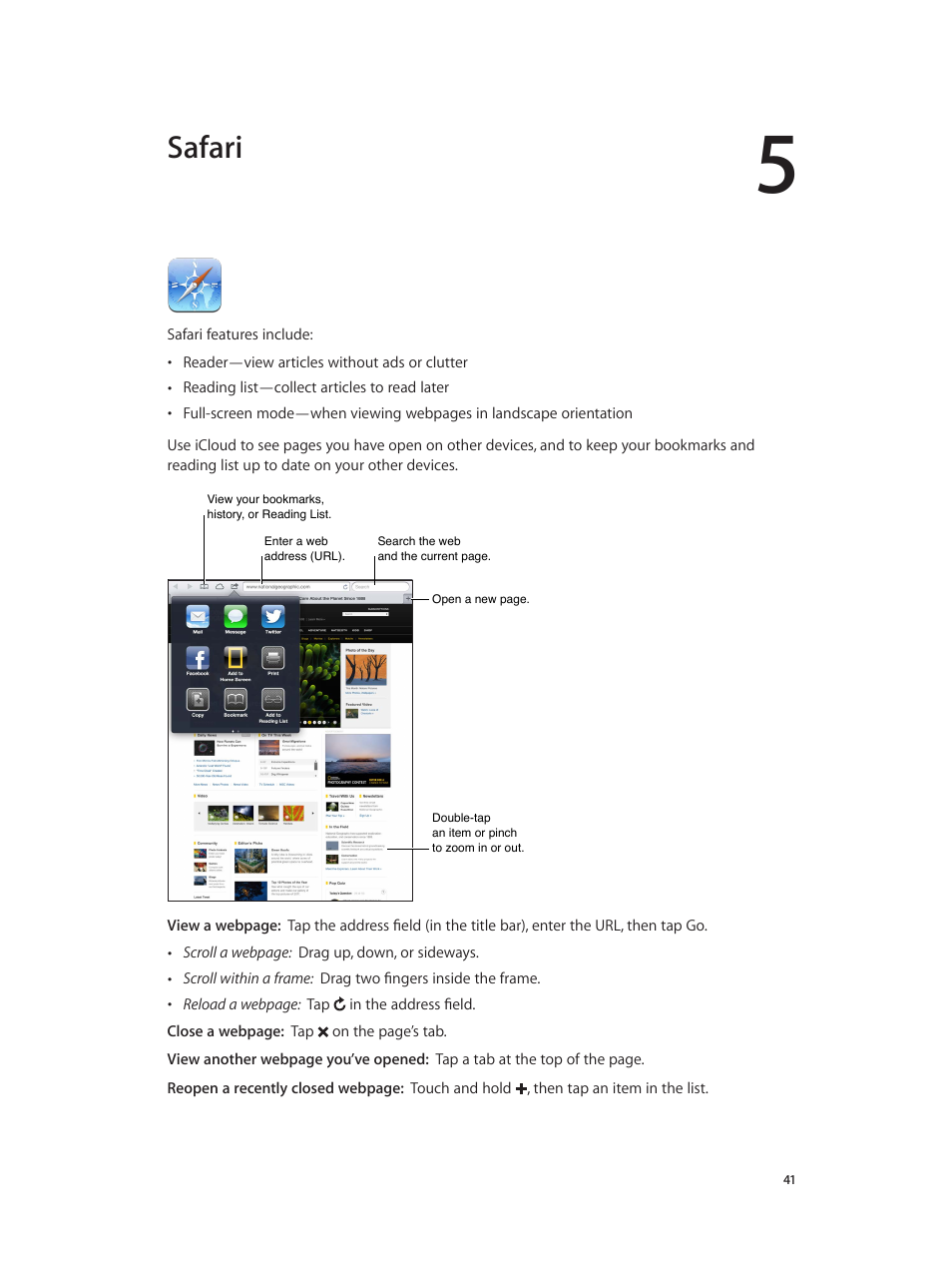 Chapter 5: safari, Safari | Apple iPad iOS 6.1 User Manual | Page 41 / 137