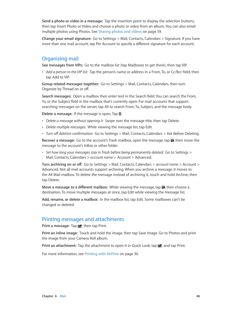 Organizing mail, Printing messages and attachments | Apple iPad iOS 6.1 User Manual | Page 46 / 137