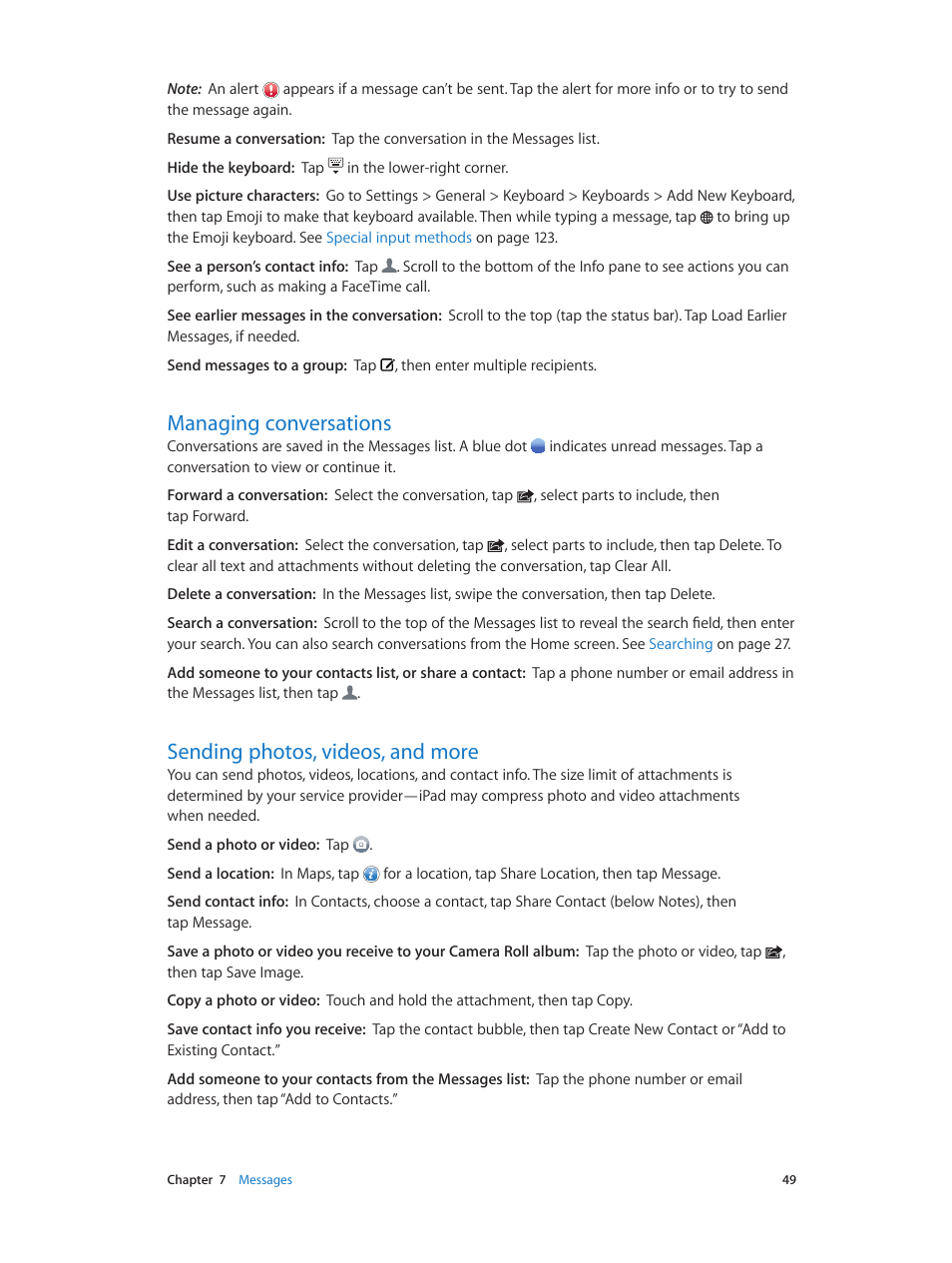 Managing conversations, Sending photos, videos, and more | Apple iPad iOS 6.1 User Manual | Page 49 / 137