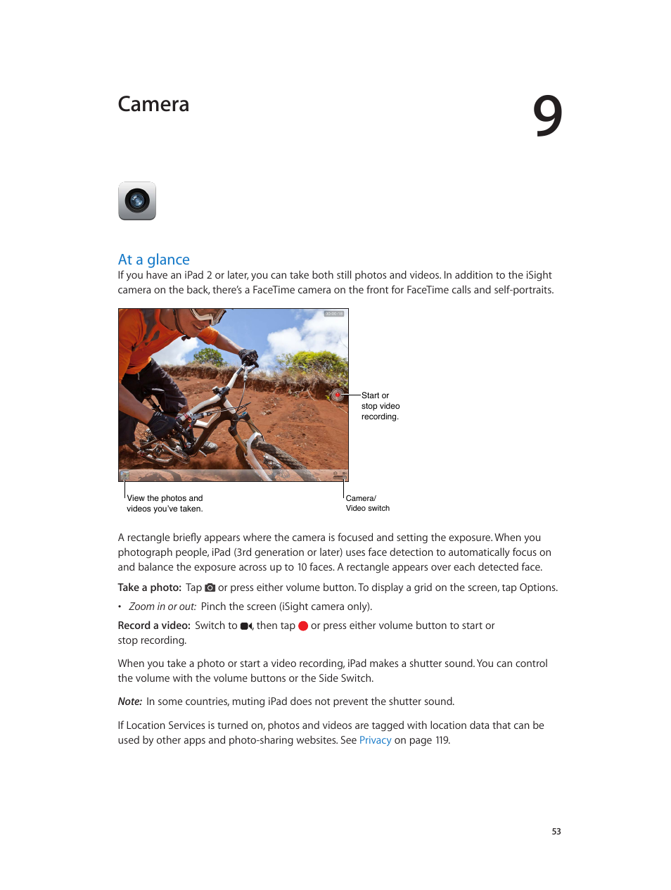 Chapter 9: camera, At a glance, 53 at a glance | Camera | Apple iPad iOS 6.1 User Manual | Page 53 / 137